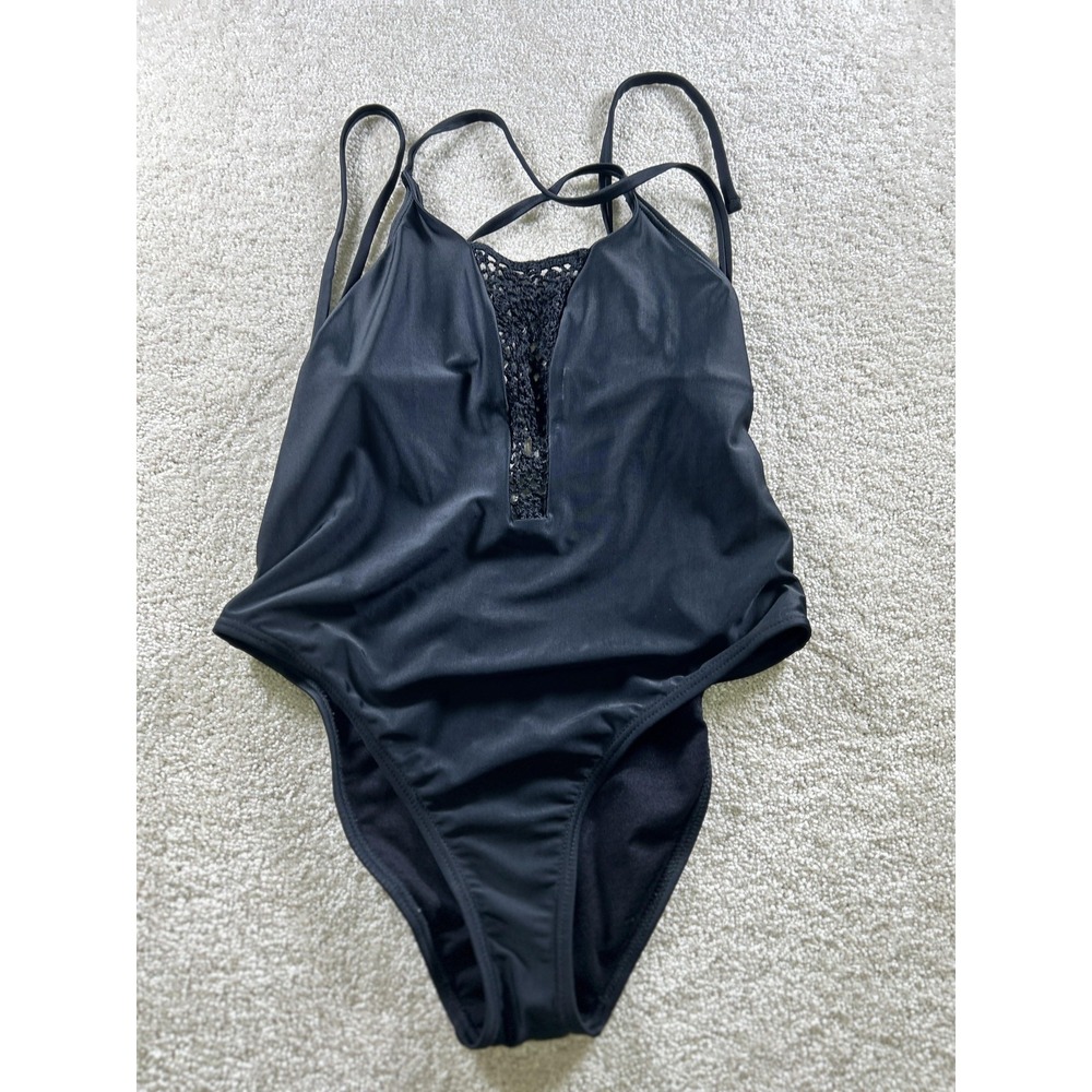 Xhilaration Swimsuit Womens Small Black‎ One Piece Plunge Lace Strappy Back